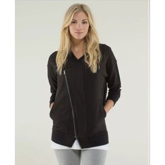 Lululemon Jacket Mula Wrap Bundle Womens 10 Black Asymmetrical Zip Striped Walk - Picture 1 of 10